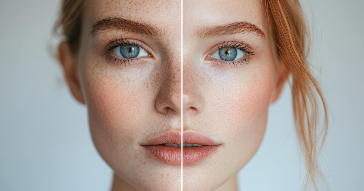 Split image of a woman's face_ left shows natural freckles, right shows smoother skin after Venus Viva—highlighting a _before and after_ in Riverside, CA.