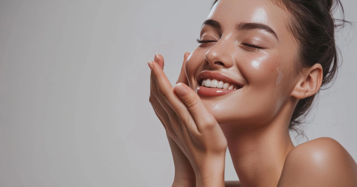 Smiling woman with glowing, hydrated skin gently applying skincare product to her face, representing Jeuveau Treatment in Riverside, CA, against a clean, neutral background.