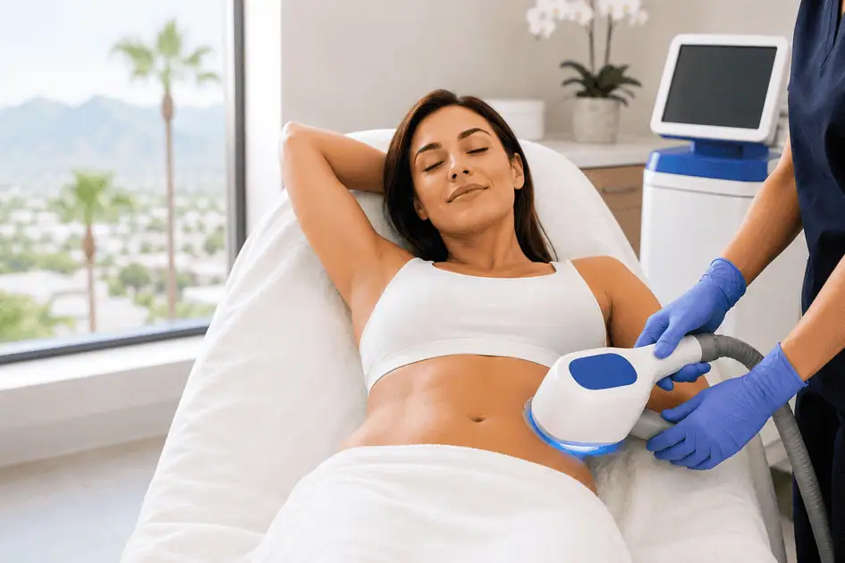 Woman receiving non-surgical body sculpting treatment for targeted abdominal fat