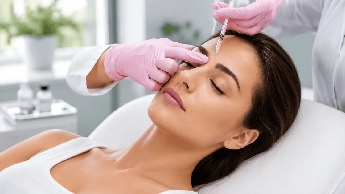 Woman receiving a cosmetic forehead injection treatment at a modern aesthetic clinic.