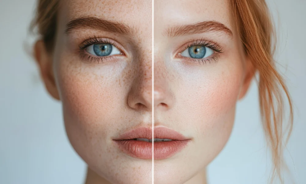 Split image of a woman’s face_ left shows natural freckles, right shows smoother skin after Venus Viva—highlighting a _before and after_ in Riverside, CA. Split image of a woman's face_ left shows natural freckles, right shows smoother skin after Venus Viva—highlighting a _before and after_ in Riverside, CA.